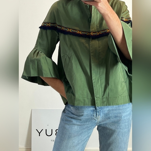 Zara Basic Bohemian Tribal Olive Embroidered Fringe Bell Sleeve Jacket – Size S - Picture 2 of 8